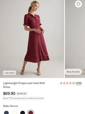 NWOT Quince Maroon Button-Front Midi Dress with Lace Insets (M)